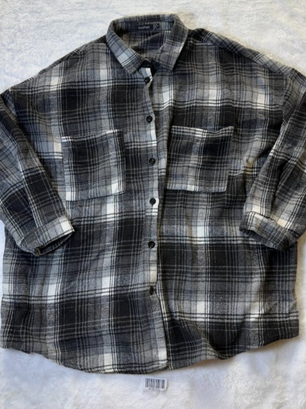 WORN Boohoo Womens Button Down Oversized Plaid Flannel Shirt Black White Size 8